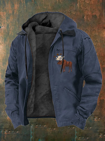 Men's Western Style Vintage Elk Plush Multi-Pocket Jacket