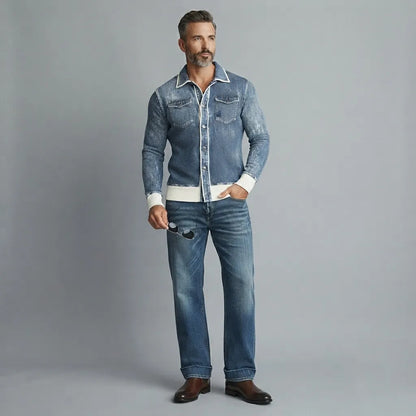 Men's Retro Denim Contrast Binding Chest Pocket Slim Fit Long Sleeve Shirt