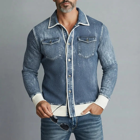 Men's Retro Denim Contrast Binding Chest Pocket Slim Fit Long Sleeve Shirt