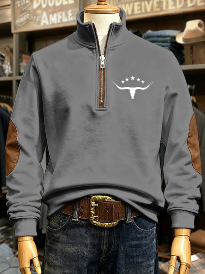 Men's Retro Western Cow Head Print Casual Zipper Sweatshirt