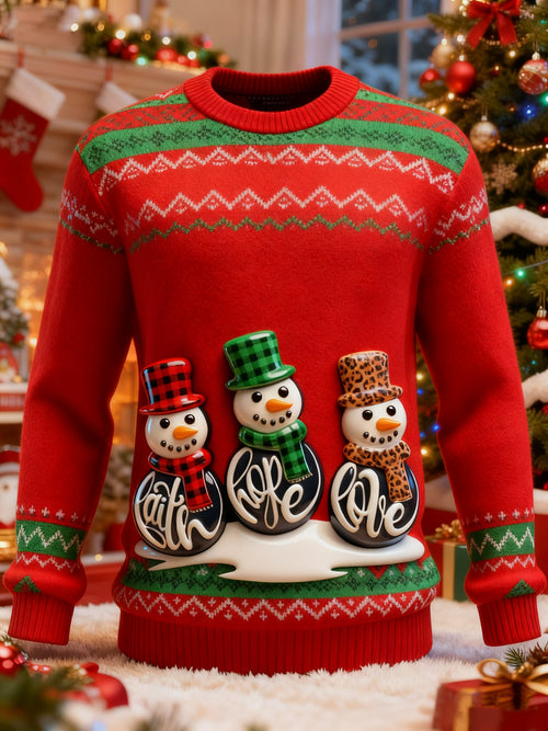 Men's Faith Hope Love Jesus Leopard Snowmens Print Ugly Christmas Sweater