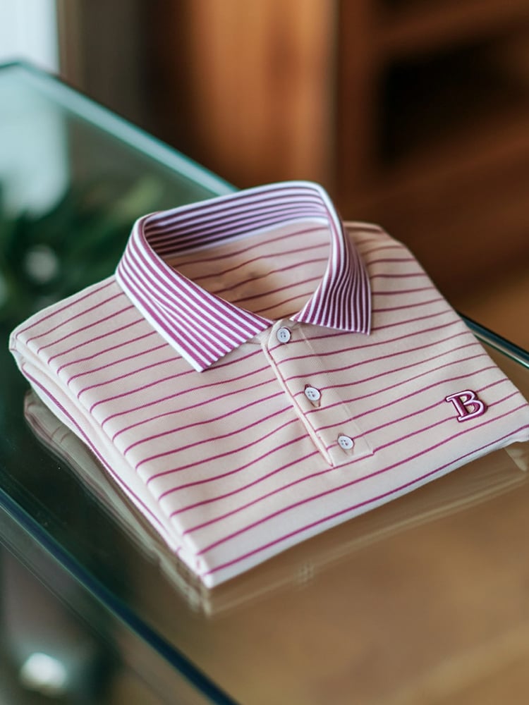 Men's Business Casual Pink Stripe Logo Button Short Sleeve Polo Shirt
