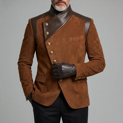 Men's Vintage Asymmetric Oblique Button PU Leather Contrast Spliced Suede Stand Collar Long Sleeve Jacket