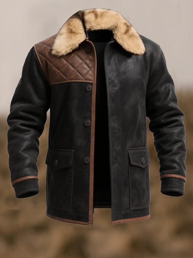 Men's Vintage Warm Suede Stitching Fur Lapel Western Jacket