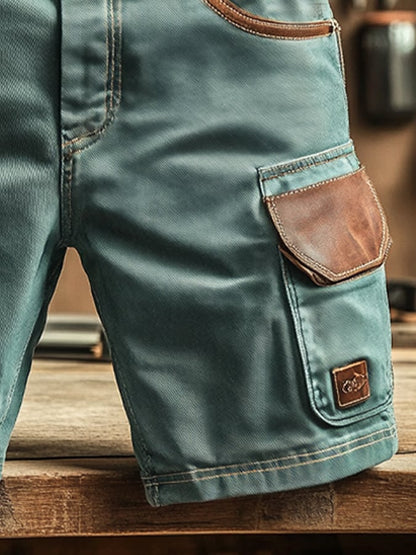 Men's Vintage Outdoor Pocket Functional Leather Stitching Cargo Shorts (without belt)