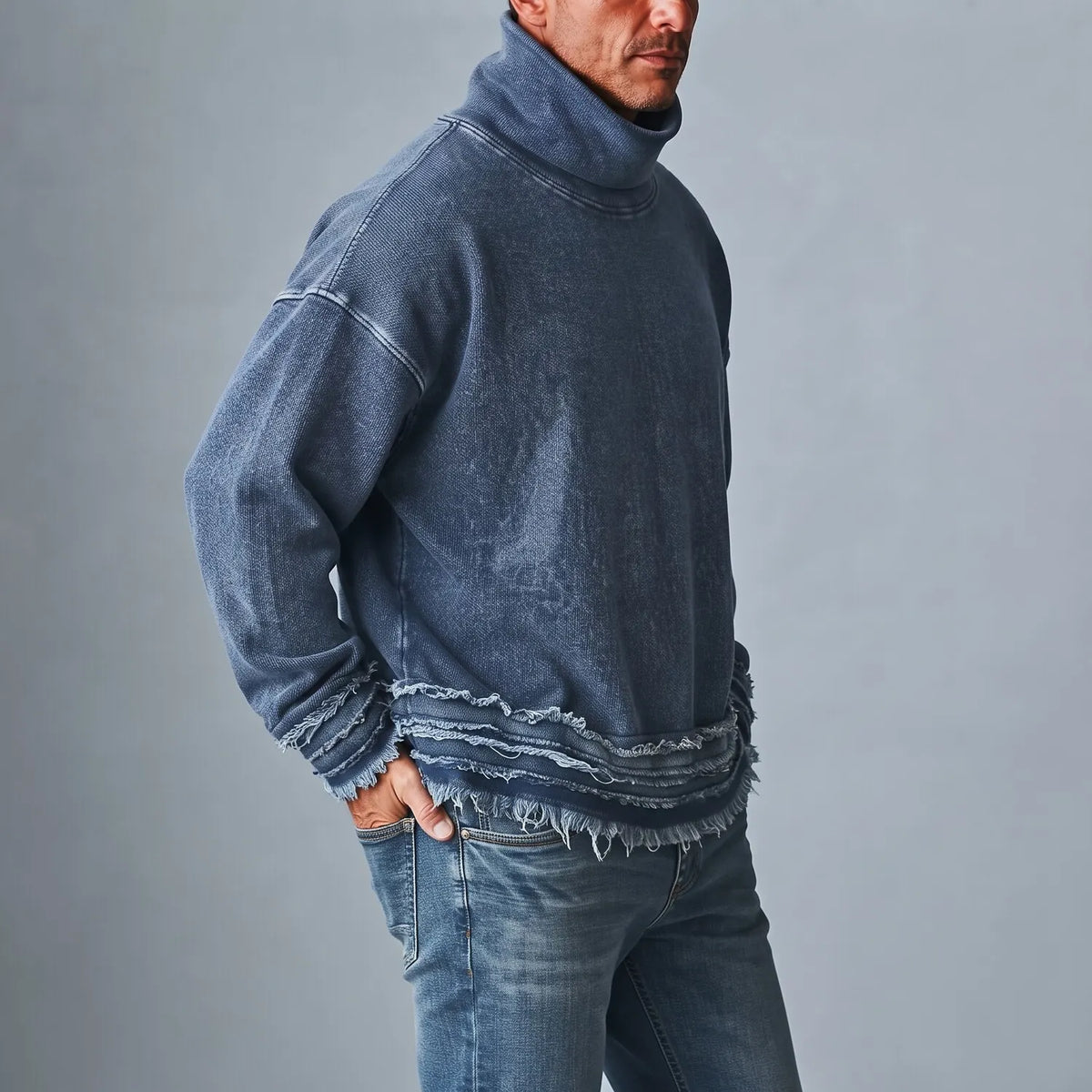 Men's Denim Turtleneck Distressed Raw Hem Long Sleeve Pullover Sweatshirt