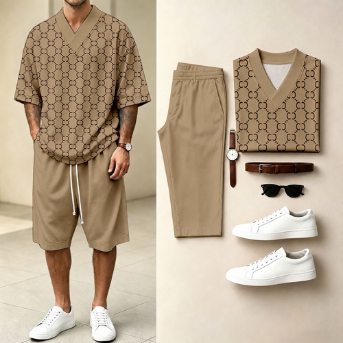 Men's Casual All-Over Print V-Neck Short-Sleeve T-Shirt And Shorts Two-Piece Set