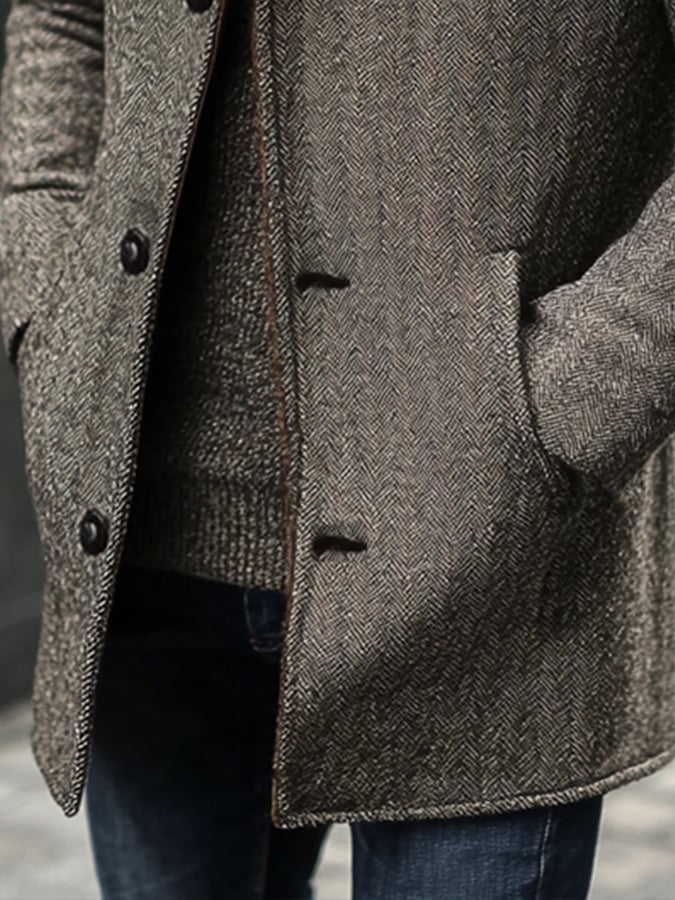 Men's Fashion Herringbone Pattern Suede Suit Windbreaker Jacket