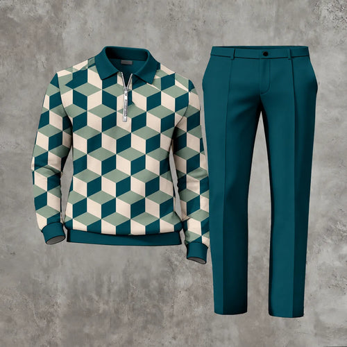 Men's Printed Zipper Polo Shirt and Pants Set