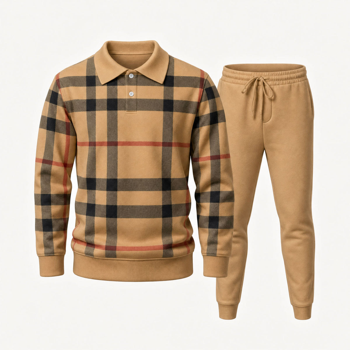 Men's Checkered Print Polo Shirt and Pants Two-Piece Set