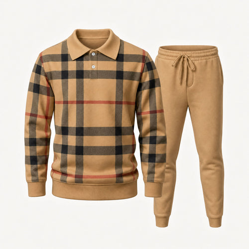 Men's Checkered Print Polo Shirt and Pants Two-Piece Set
