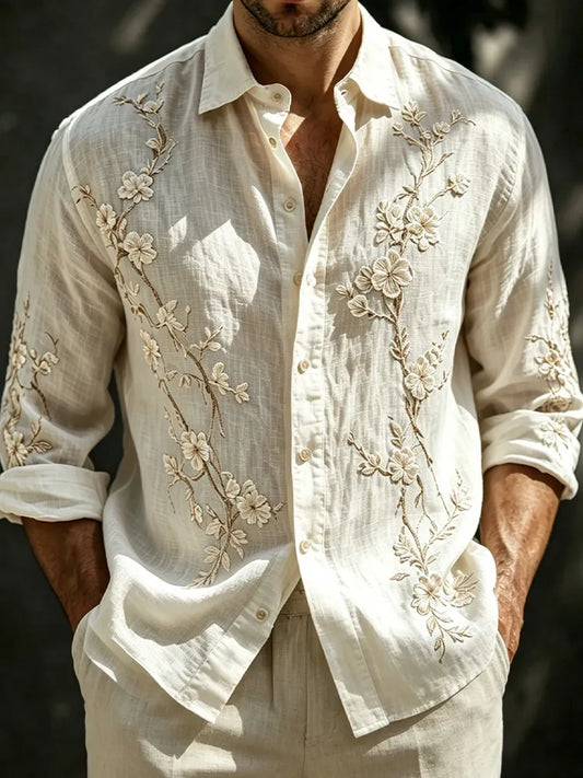 Vintage 3d Embroidery Linen Button Down Shirt, Men's Floral Embroidery Long Sleeve Casual Top