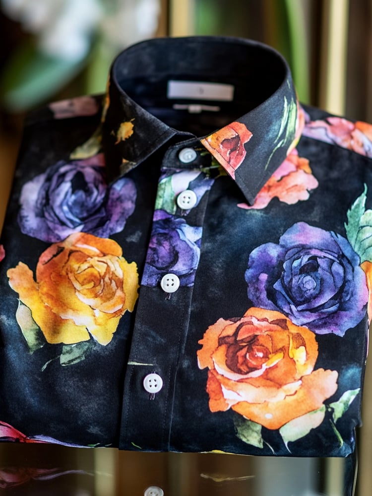 Men's Business Casual Watercolor Flower Lapel Short Sleeve Shirt