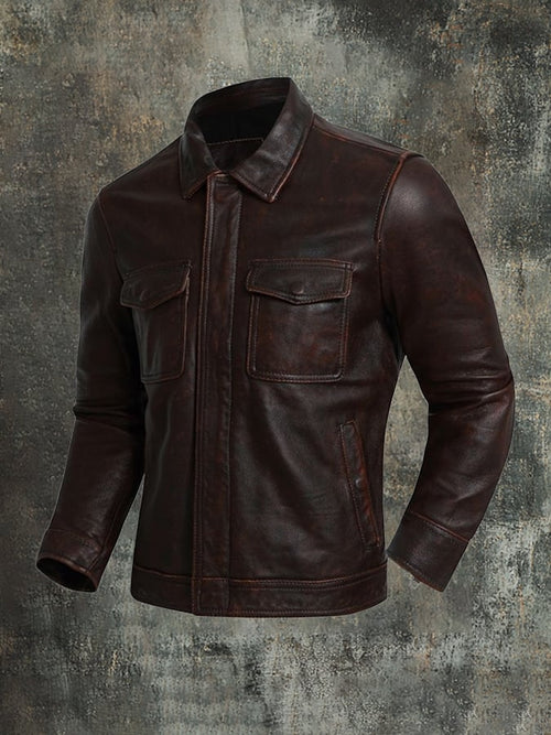 Men'S Vintage Distressed Casual Lapel Motorcycle Leather Jacket