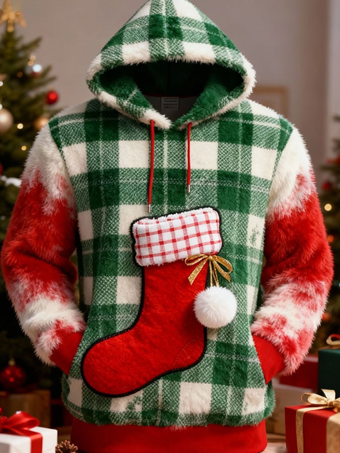 Men's Casual Christmas Print Flannel Hooded Sweatshirt