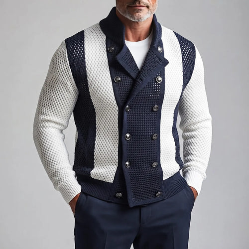 Men's Colorblock Stand Collar Double-Breasted Mesh Hollow Out Cardigan