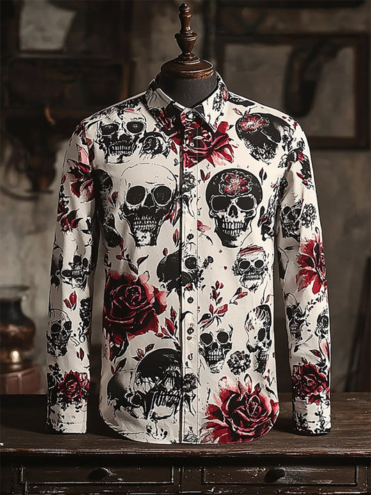 Men's Retro Casual Skull Print Long Sleeve Shirt