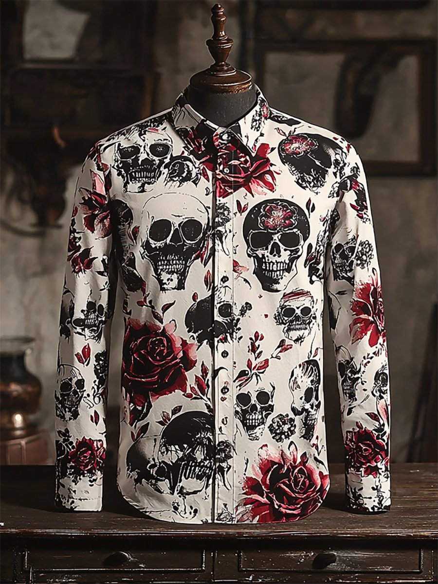 Men's Retro Casual Skull Print Long Sleeve Shirt