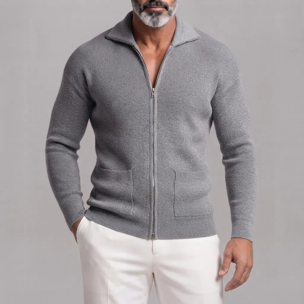 Men's Gray Ribbed Knit Patch Pockets Slim Fit Full Zip Cardigan