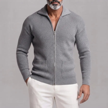 Men's Gray Ribbed Knit Patch Pockets Slim Fit Full Zip Cardigan