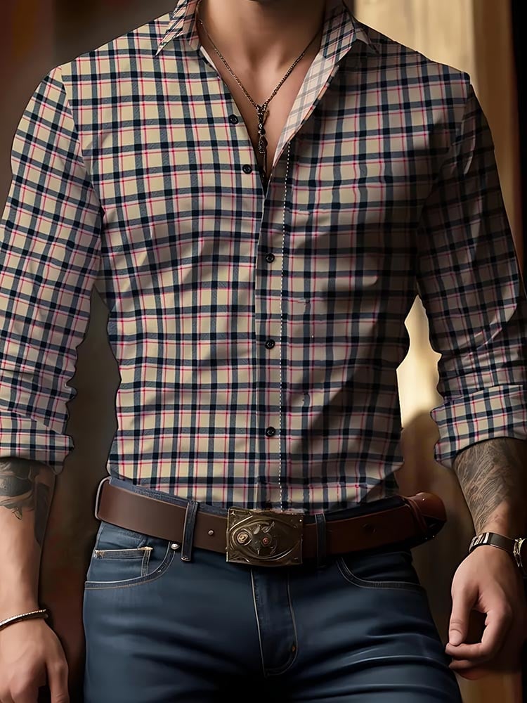 Men's Classic Long Sleeve Checkered Casual Printed Long Sleeve Shirt