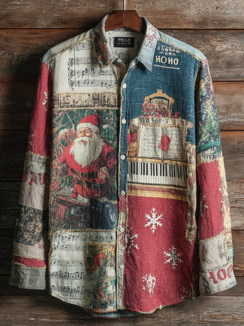 Men's Colorblock Retro Christmas Print Long Sleeve Shirt