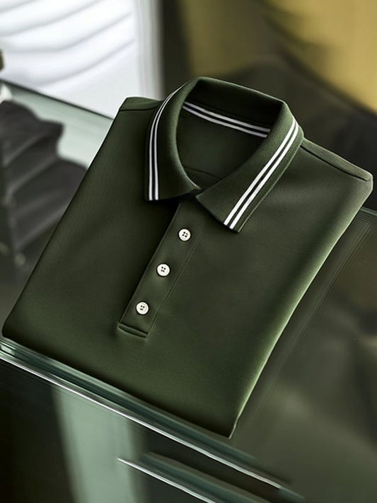 Men's Business Stripe Logo Print Short Sleeve Polo Shirt