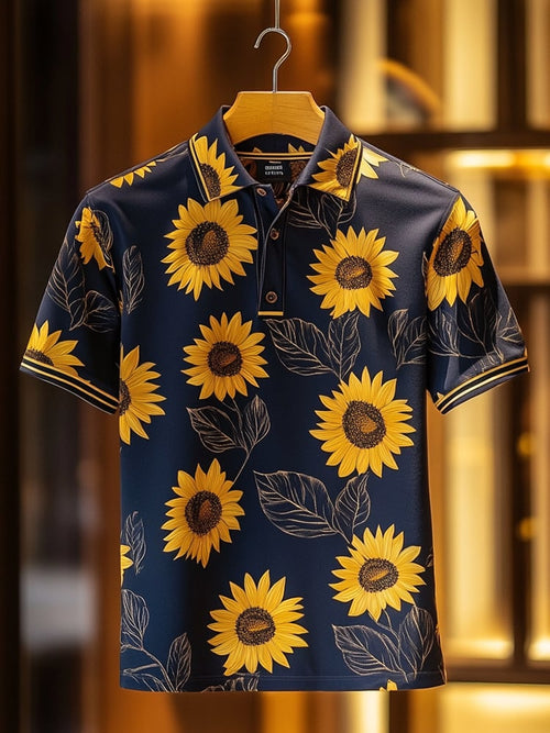 Men's Classic Business Check Logo Button Short Sleeve Polo Shirt