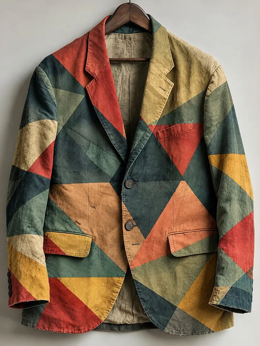 Men's Vintage Geometry Color Block Art Print Casual Blazer