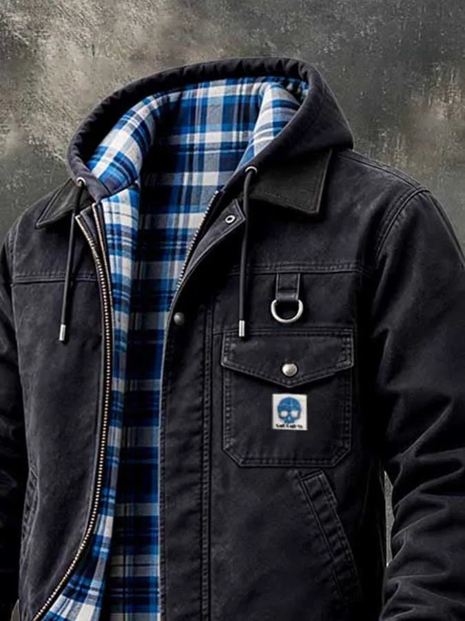 Men'S Retro Color-Block Plaid Hooded Utility Jacket With Zipper