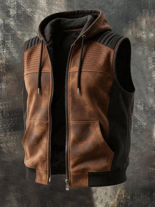 Men's Vintage-Style Distressed Leather-Panel Hooded Vest