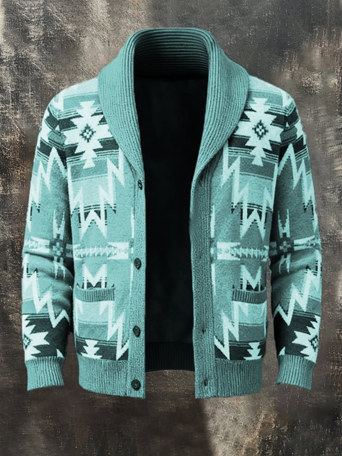 Men's Retro Contrast Pattern Knitted Cardigan Jacket