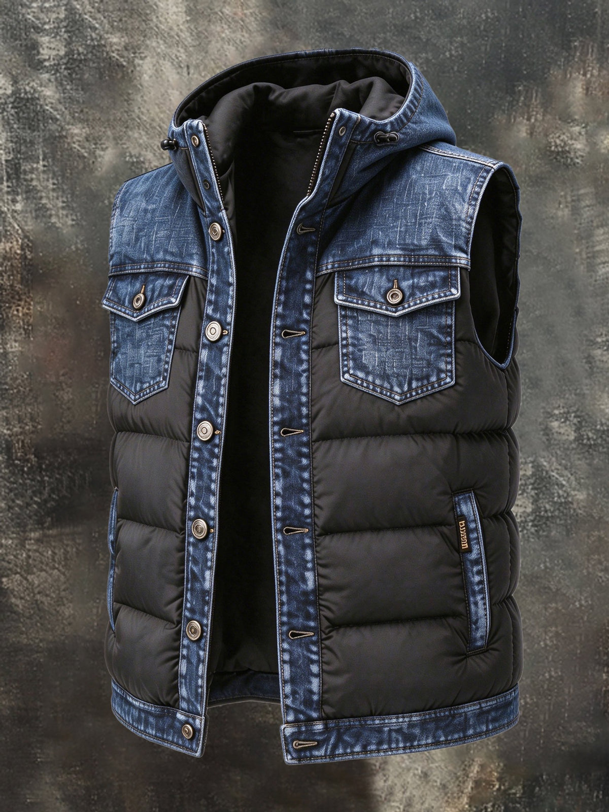 Men's Vintage Denim-Panel Hooded Padded Vest