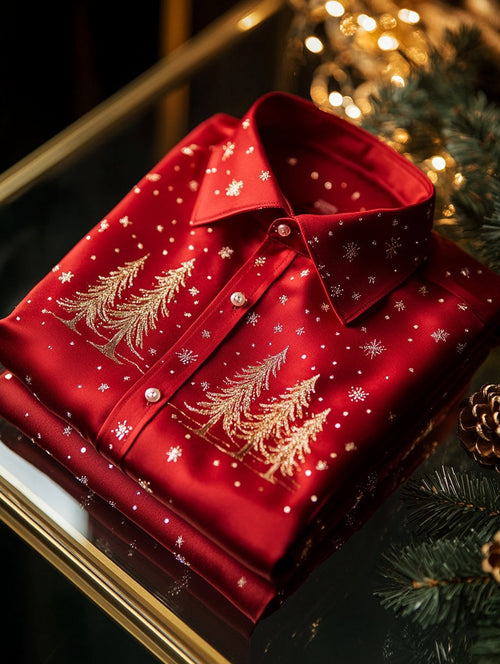 Men's Business Retro Christmas Evergreen Tree Snowflake Print Long Sleeve Shirt