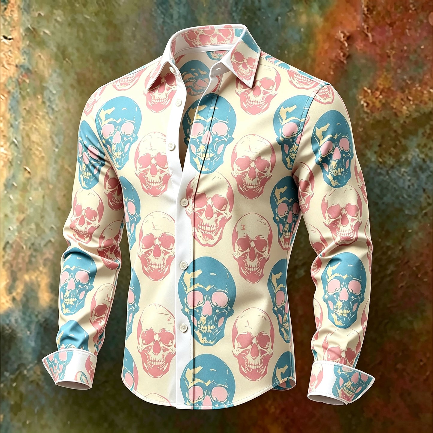 Men's Long-Sleeve Shirt with Contrasting-Color Skull Print