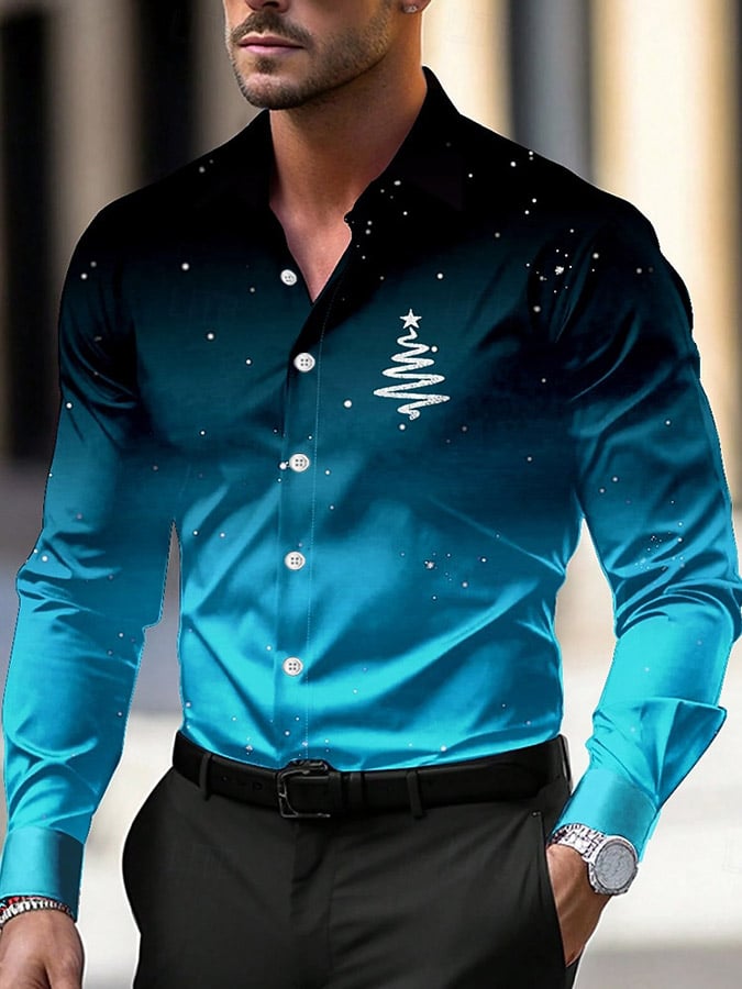 Men's Luxury Christmas Contrast Color Print Long Sleeve Shirt