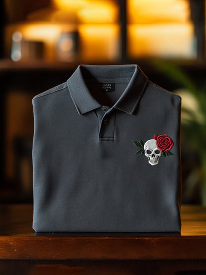Men's Classic Business Skull Rose Logo Short Sleeve Polo Shirt