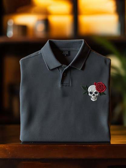 Men's Classic Business Skull Rose Logo Short Sleeve Polo Shirt