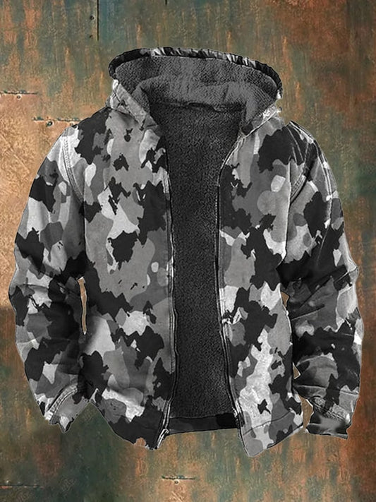 Men's Vintage Plus Velvet Western Camouflage Print Zippered Cotton Jacket