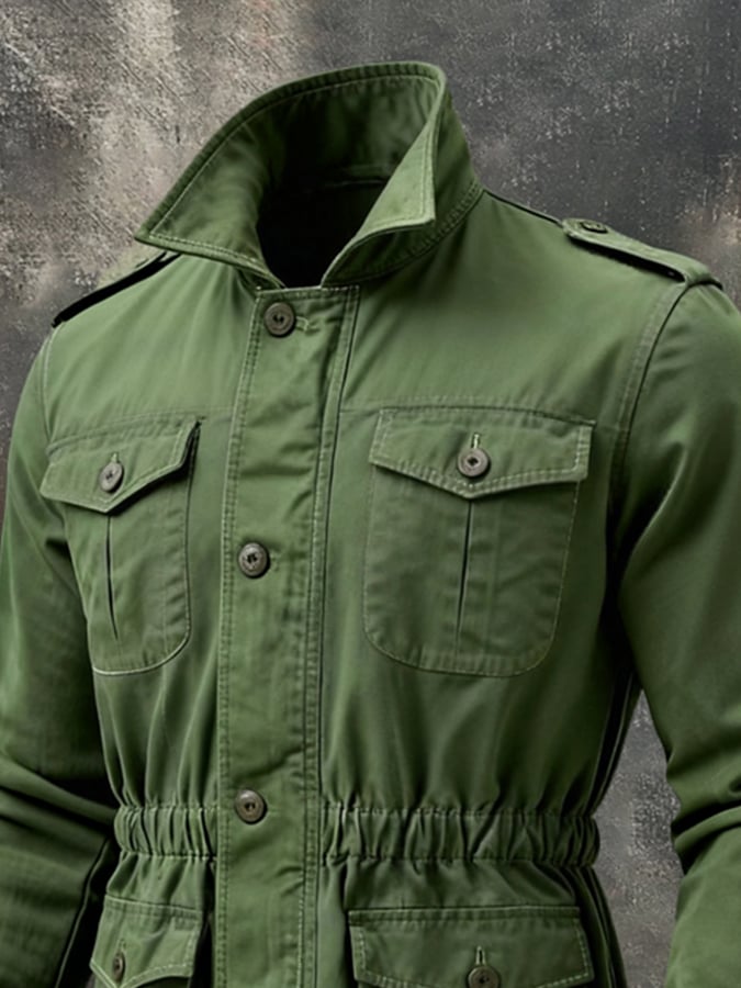 Men'S Vintage Washed Cotton Utility Jacket With Waist-Cinching Detail