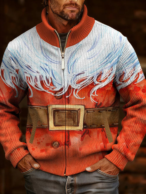 Men's Vintage Christmas Art Design Printed Knitted Jacquard Zip Comfort Jacket
