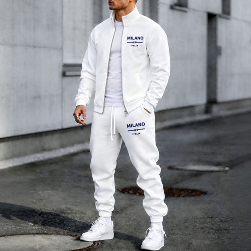 Men's White Stand-Up Collar Jacket and Pants Set