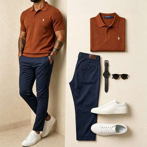 Men's Light Business Waffle Knit Small Pony Embroidery Polo Shirt And Slim Fit Chino Pants Two-Piece Matching Set