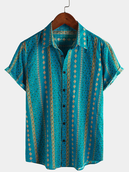 Men's Retro Striped Print Button Up 70s Vintage Short Sleeve Shirt