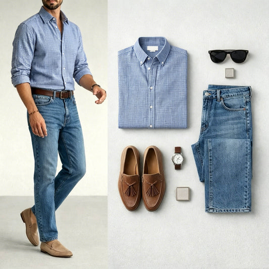 Men's Navy Blue Color Matching Retro Style Plaid Printed Lapel Collar Long Sleeves Shirt & Jeans Two-Piece Set