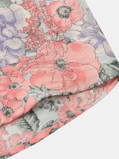 Men's Vintage Floral Print Summer Casual Pink Short Sleeve Shirt