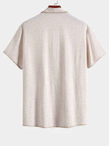 Contrast Stitching Linen Rayon Blend Cuban Shirt