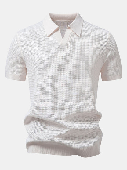 Textured Johnny Collar Crocheted Knit Polo
