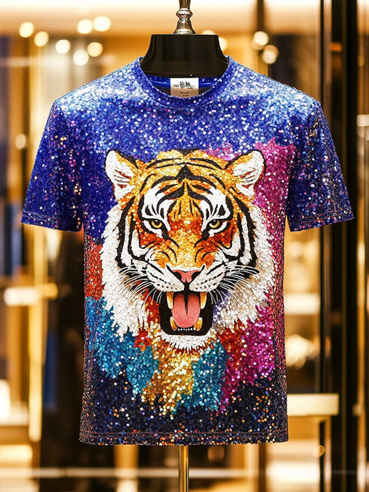 Men's Tiger Sequin Business Print Short Sleeve T-Shirt