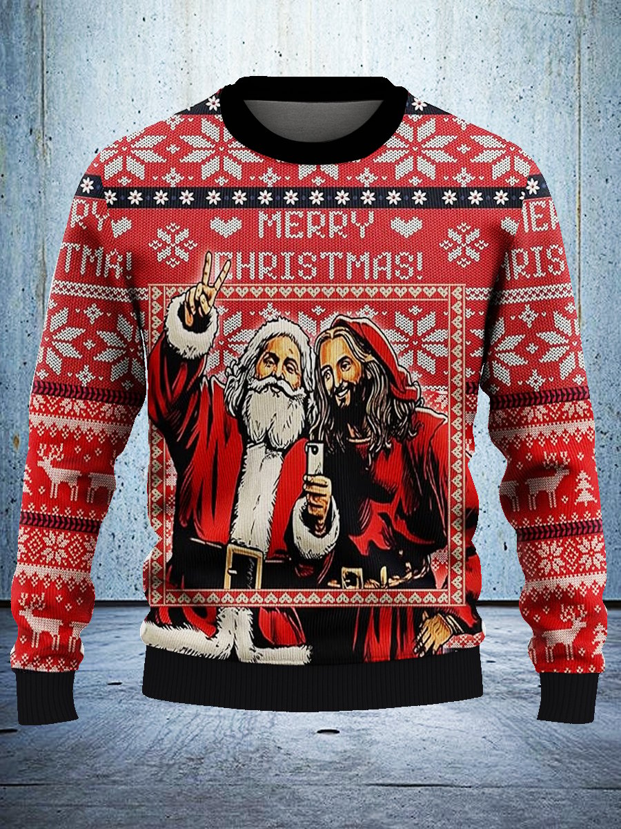 Santa & Jesus Mens Ugly Christmas Sweater - Take A Photo Ugly Christmas Sweater
